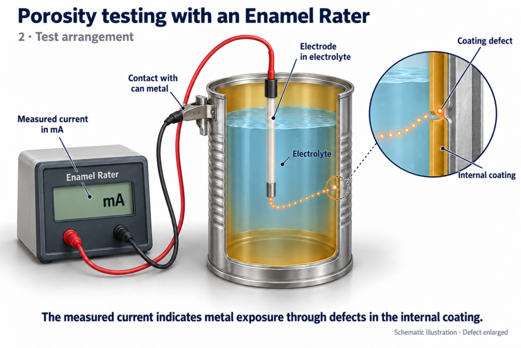 Schematic showing an Enamel Rater connected to a coated can, with an electrode in electrolyte and an enlarged view of a coating defect.