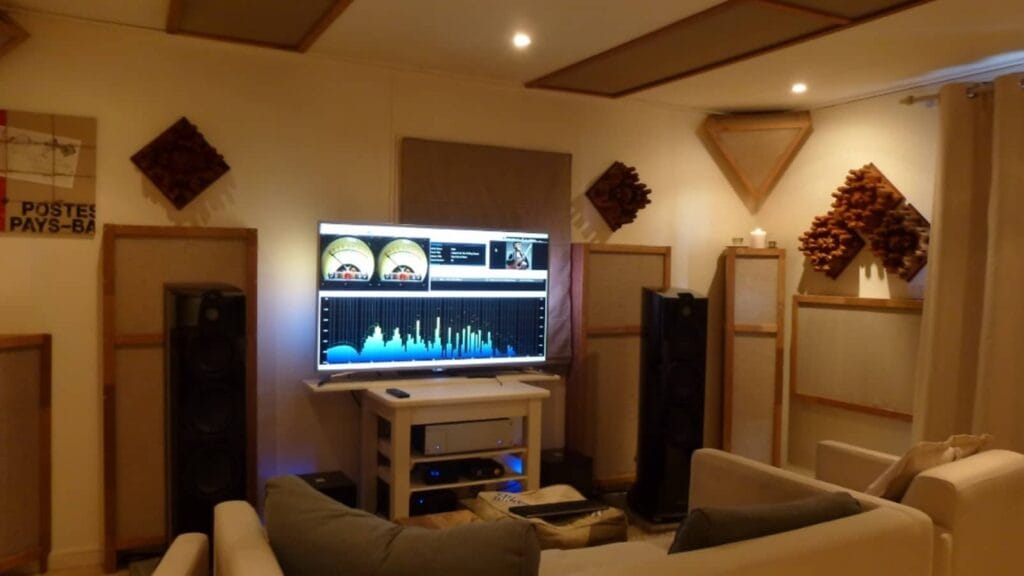 Richard's listening room with speakers and acoustic treatment