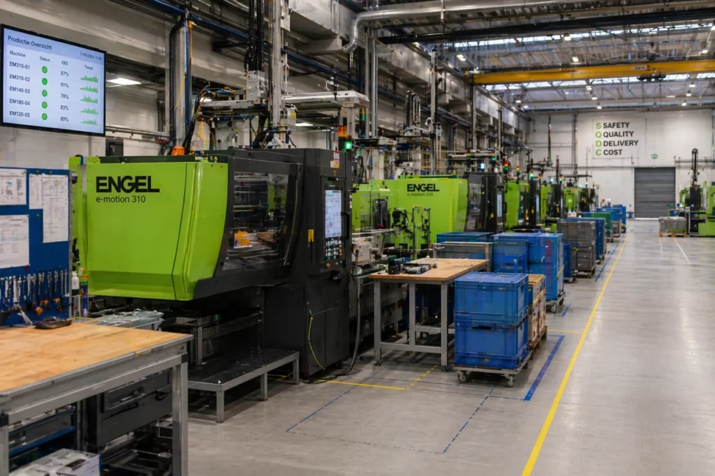 A row of Engel injection moulding machines in a Philips supplier production hall.